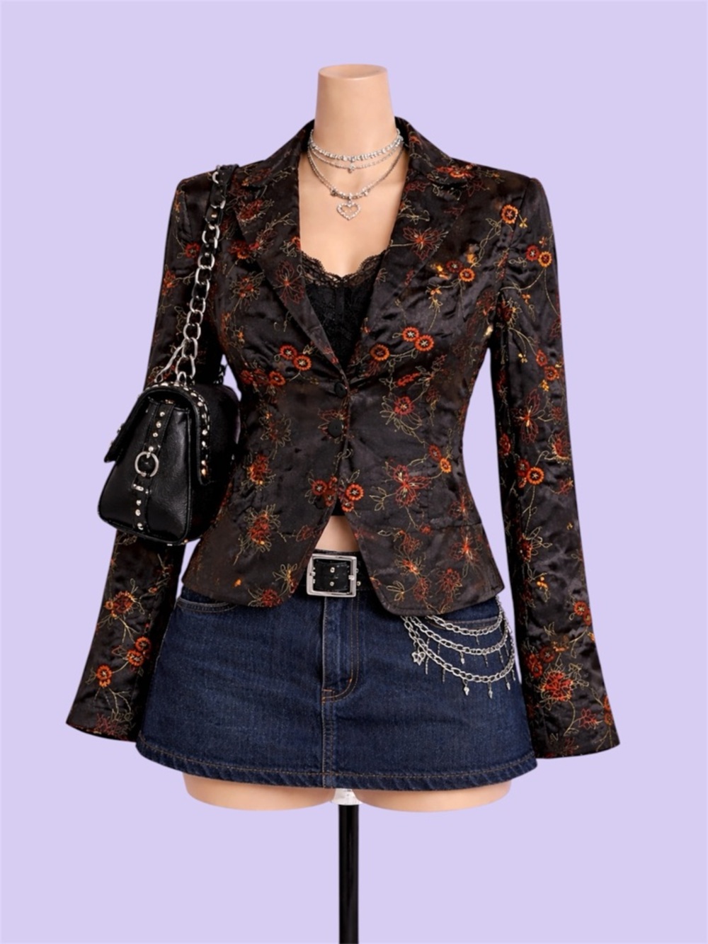 Vintage Y2K Silkland Petite Black Floral Embroidered 100% Silk Blazer 8P Grunge